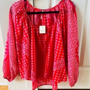 NWT Free People Elena Red/Pink Top Size Large(Tag says small/it's large)